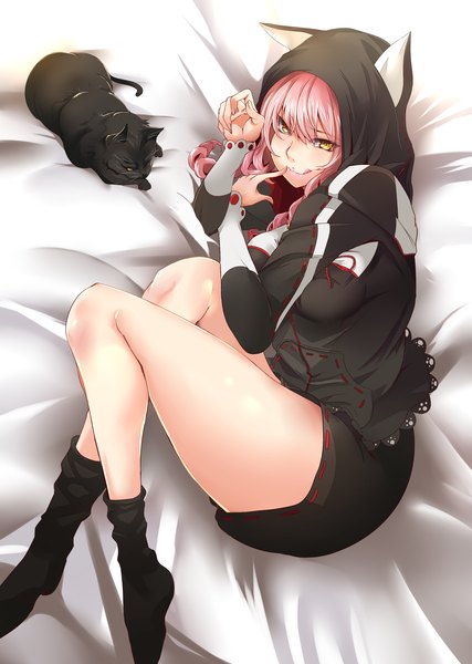 Anime picture 2590x3637 with vocaloid megurine luka endou (zettai bluenoid) single long hair tall image looking at viewer fringe highres breasts light erotic smile hair between eyes large breasts animal ears yellow eyes pink hair bent knee (knees) lying cat ears