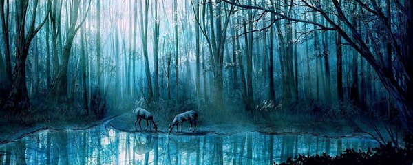 Anime picture 1500x600 with 108 wide image reflection landscape nature plant (plants) animal tree (trees) water forest deer