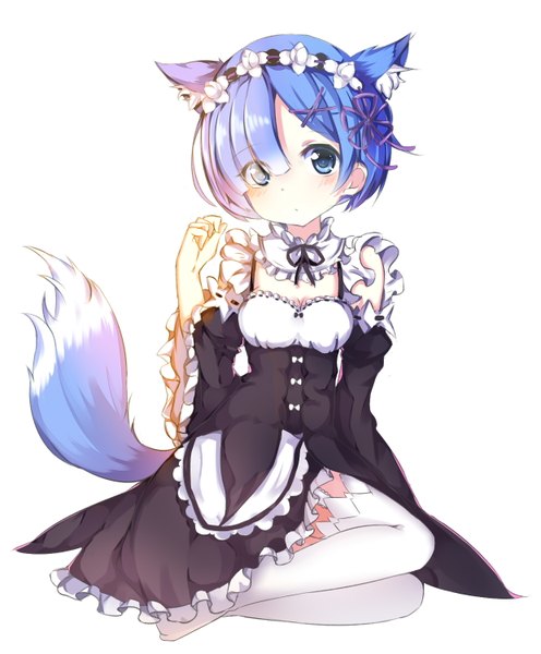 Anime picture 1240x1500 with re:zero kara hajimeru isekai seikatsu white fox rem (re:zero) eiba single tall image looking at viewer blush fringe short hair open mouth blue eyes simple background white background sitting animal ears blue hair bent knee (knees) tail head tilt