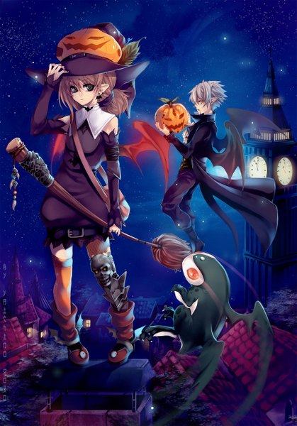 Anime picture 1746x2500 with original yaichino (artist) tall image highres short hair blonde hair green eyes yellow eyes nail polish horn (horns) pointy ears night city halloween bat wings witch girl boy detached sleeves earrings