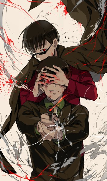 Anime picture 709x1200 with osomatsu-san matsuno osomatsu matsuno choromatsu ekita xuan tall image short hair black hair smile red eyes ahoge multiple boys smoke siblings clothes on shoulders blood on face covering eye (eyes) blood stains brothers crack hands on another's face