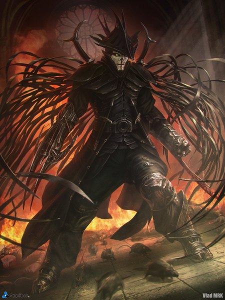 Anime picture 1125x1500 with legends of the cryptids gorton vladmrk single tall image holding green eyes signed dutch angle black wings floor dual wielding blood on face boy weapon animal sword wings armor thigh strap