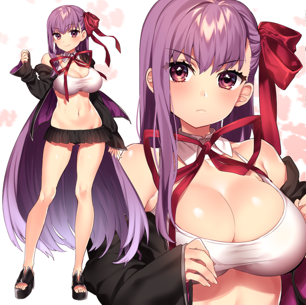 Anime picture 911x910 with fate (series) fate/extra fate/extra ccc bb (fate) (all) bb (fate/extra) sakura yuki (clochette) blush fringe breasts light erotic smile large breasts standing white background purple eyes bare shoulders purple hair very long hair pleated skirt off shoulder