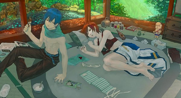 Anime picture 1000x546 with vocaloid kaito (vocaloid) meiko sento-kun munashichi short hair blue eyes light erotic wide image bare shoulders brown eyes blue hair red hair lying on side girl boy food sweets scarf