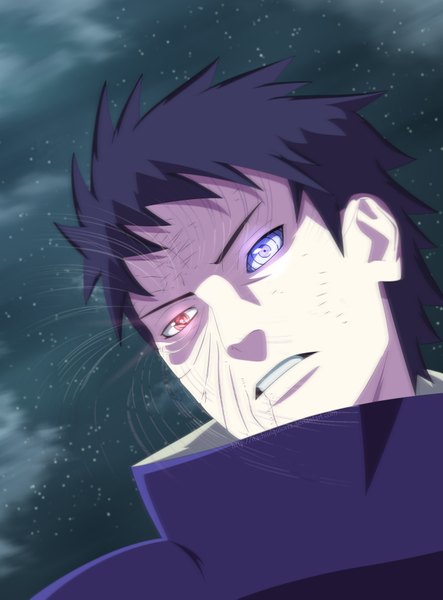 Anime picture 2600x3519 with naruto studio pierrot naruto (series) uchiha obito tobi itachiulquiorra single tall image highres short hair black hair red eyes purple eyes cloud (clouds) night sky heterochromia coloring scar akatsuki sharingan