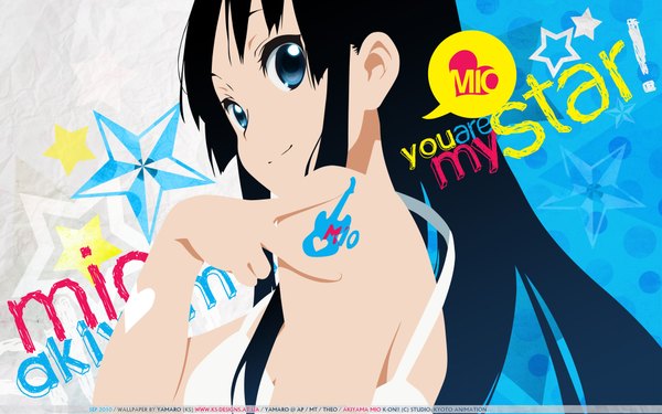 Anime picture 1920x1200 with k-on! kyoto animation akiyama mio yamaro long hair highres blue eyes black hair wide image bare shoulders looking back tattoo victory