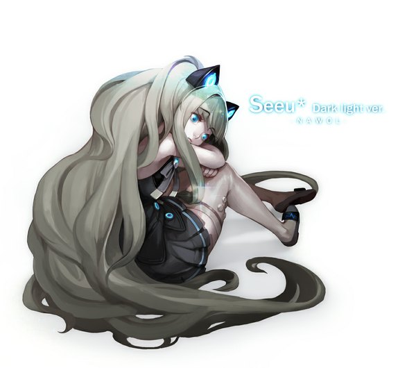 Anime picture 1131x1000 with vocaloid seeu nawol single long hair blue eyes simple background blonde hair white background bare shoulders animal ears looking away very long hair cat ears shadow pale skin girl thighhighs bow boots