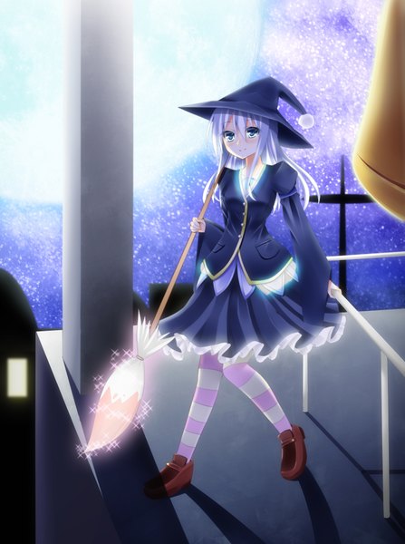 Anime picture 1500x2010 with original akine (kuroyuri) single long hair tall image blue eyes white hair witch girl dress moon witch hat broom