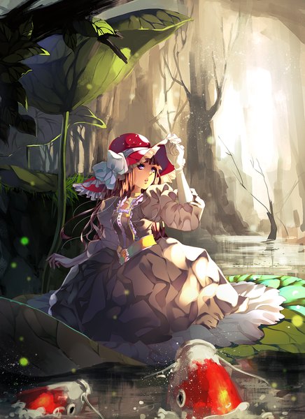 Anime picture 2551x3508 with original aiki-ame single long hair tall image looking at viewer fringe highres brown hair purple eyes bare tree minigirl girl gloves bow plant (plants) hat animal tree (trees) water