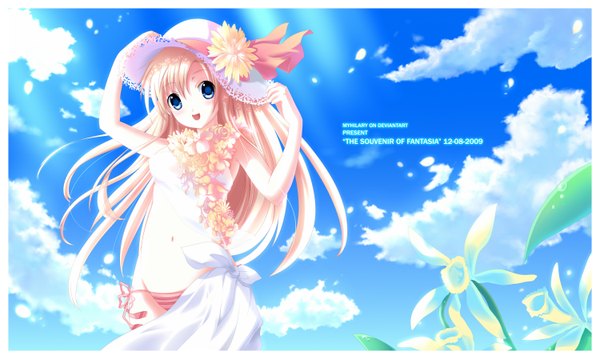 Anime picture 1500x898 with original myhilary single long hair blush open mouth blue eyes smile wide image pink hair sky cloud (clouds) sunlight inscription from below midriff framed girl navel flower (flowers)