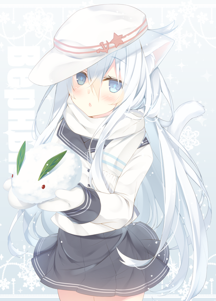Anime picture 1527x2122 with kantai collection hibiki destroyer verniy destroyer miko (royal milk) single long hair tall image looking at viewer blush fringe blue eyes hair between eyes holding animal ears white hair tail animal tail from above cat ears cat girl