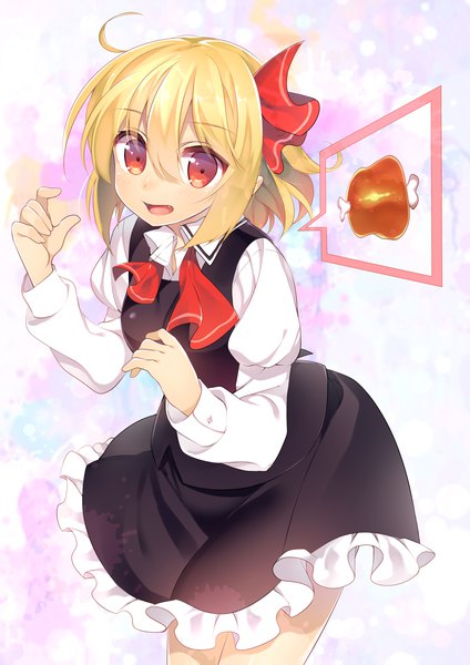 Anime picture 2480x3507 with touhou rumia niwashi (yuyu) single tall image looking at viewer fringe highres short hair open mouth blonde hair smile hair between eyes red eyes ahoge long sleeves fang (fangs) leaning leaning forward puffy sleeves