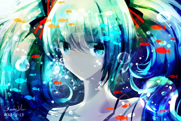 Anime picture 1200x800 with vocaloid hatsune miku v (1164546218) single long hair looking at viewer blush twintails bare shoulders aqua eyes aqua hair underwater serious girl ribbon (ribbons) hair ribbon animal water bubble (bubbles) fish (fishes)