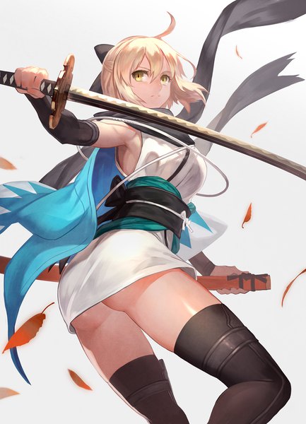 Anime picture 1084x1500 with fate (series) koha-ace okita souji (fate) (all) okita souji (koha-ace) lack single tall image fringe short hair breasts light erotic blonde hair simple background hair between eyes standing white background holding yellow eyes looking away ahoge