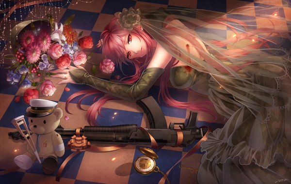 Anime picture 1739x1104 with original milcho single long hair highres breasts red eyes bare shoulders pink hair lying fingernails scar checkered floor checkered girl dress hair ornament flower (flowers) ribbon (ribbons) weapon