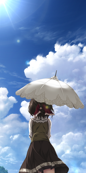 Anime picture 1280x2560 with amatsutsumi purple software minazuki hotaru single tall image short hair black hair game cg sky cloud (clouds) from behind girl dress umbrella parasol