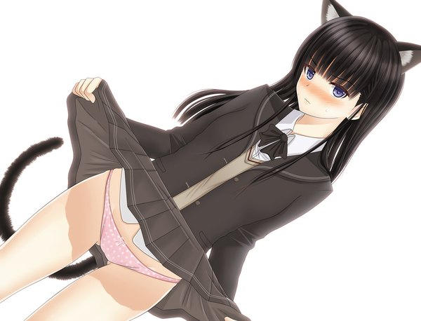 Anime picture 1024x782 with amagami ayatsuji tsukasa hosi-gaki long hair blush blue eyes light erotic black hair simple background white background animal ears cat ears cat girl cat tail girl underwear panties