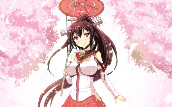 Anime picture 1440x900 with kantai collection yamato super battleship gin'ichi (akacia) long hair looking at viewer blush smile red eyes brown hair wide image ponytail cherry blossoms girl skirt hair ornament plant (plants) miniskirt petals tree (trees)