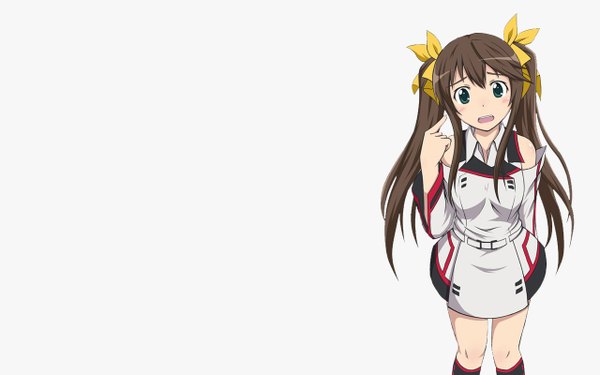 Anime picture 1280x800 with infinite stratos 8bit fang linyin single long hair looking at viewer blush open mouth simple background brown hair wide image white background twintails bare shoulders green eyes pointing girl uniform school uniform detached sleeves
