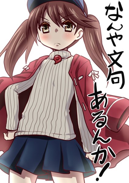 Anime picture 2480x3507 with kantai collection ryuujou light aircraft carrier ryuki (ryukisukune) single tall image blush fringe highres short hair simple background brown hair white background twintails brown eyes looking away pleated skirt inscription open jacket hand on hip frown