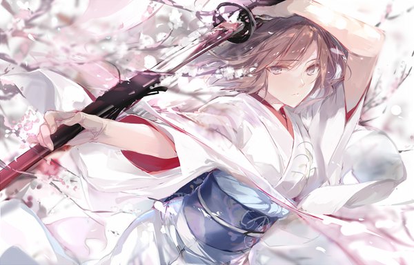 Anime picture 1100x705 with fate (series) fate/grand order kara no kyoukai type-moon ryougi shiki fukuda935 single looking at viewer short hair brown hair brown eyes traditional clothes japanese clothes cherry blossoms fighting stance unsheathing girl weapon sword kimono