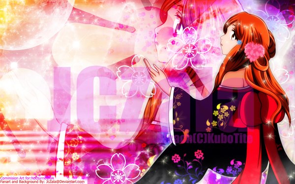 Anime picture 1440x900 with bleach studio pierrot inoue orihime jczala single long hair wide image bare shoulders japanese clothes profile hair flower orange hair coloring zoom layer girl hair ornament
