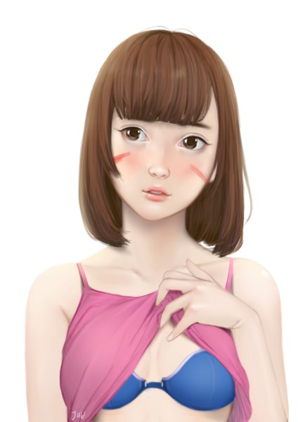 イラスト 2480x3508 と オーバーウォッチ blizzard entertainment d.va (overwatch) jubi (regiana) ソロ 長身像 前髪 highres 短い髪 light erotic simple background 茶色の髪 白背景 茶目 signed looking away upper body blunt bangs parted lips lips