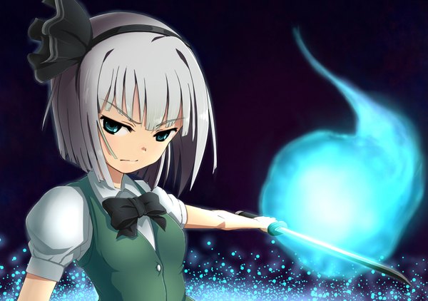 Anime picture 1919x1352 with touhou konpaku youmu yooguru (artist) single highres short hair blue eyes white hair ghost girl weapon sword hairband bowtie katana