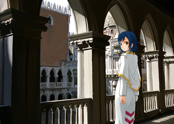 Anime picture 2500x1781 with aria aika s granzchesta nagian single looking at viewer blush highres short hair brown eyes blue hair light smile girl earrings building (buildings) single glove