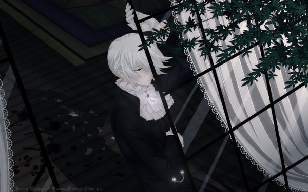 Anime picture 2560x1600 with pandora hearts xebec xerxes break single fringe highres short hair red eyes wide image white hair hair over one eye boy gloves flower (flowers) plant (plants) tree (trees) window curtains suit room