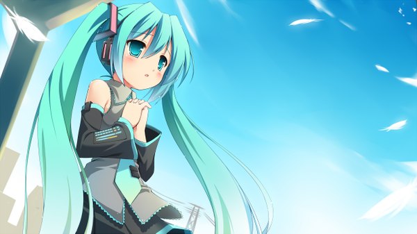 Anime picture 1232x693 with vocaloid hatsune miku masaki (machisora) single long hair wide image twintails aqua eyes aqua hair loli girl detached sleeves necktie feather (feathers)