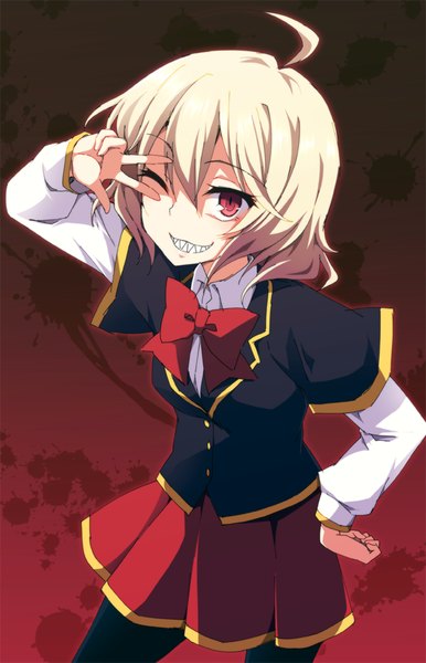 Anime picture 600x931 with akuma no riddle hashiri nio nagami yuu single tall image looking at viewer fringe short hair blonde hair smile hair between eyes red eyes ahoge one eye closed from above wink teeth hand on hip victory sharp teeth