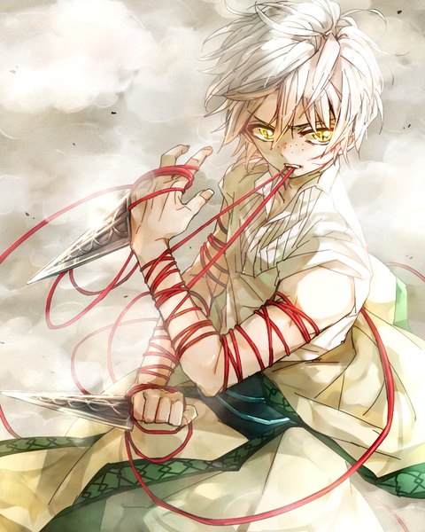 Anime picture 800x1000 with magi the labyrinth of magic a-1 pictures ja'far (magi) nachocon single tall image fringe short hair holding yellow eyes white hair fingernails mouth hold smoke fighting stance freckles assassin boy weapon thread