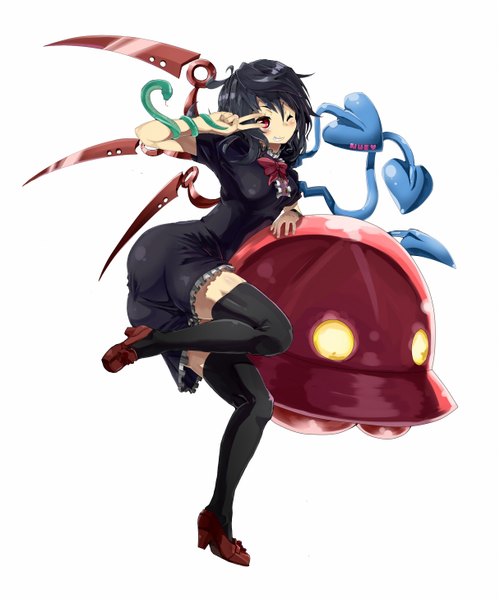 Anime picture 1215x1458 with touhou houjuu nue iyoda mato tall image short hair black hair smile red eyes white background one eye closed wink girl thighhighs dress black thighhighs wings eyeball spacecraft ufo flying saucer