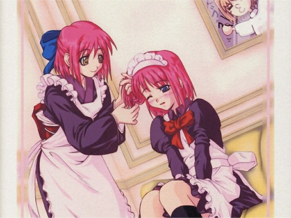 Anime picture 1024x768 with shingetsutan tsukihime type-moon arcueid brunestud kohaku (tsukihime) hisui (tsukihime) red hair maid half updo siblings sisters wa maid