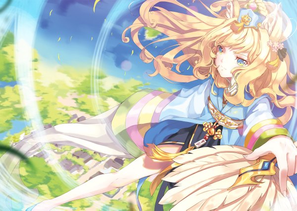 Anime picture 1400x995 with vocaloid seeu cherinova long hair looking at viewer blonde hair animal ears sky cloud (clouds) traditional clothes hair flower wind flying kemonomimi mode nekomimi mode korean clothes girl hair ornament plant (plants) tree (trees)