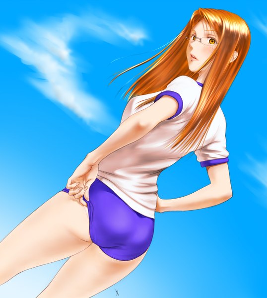 Anime picture 1200x1336 with original tyno single long hair tall image blush light erotic sky cloud (clouds) ass looking back lips from behind orange hair orange eyes back girl uniform glasses gym uniform