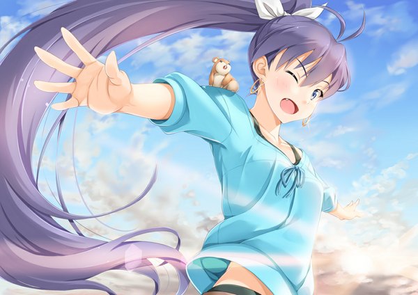 Anime picture 1169x827 with idolmaster ganaha hibiki miri (ago550421) single looking at viewer blush open mouth blue eyes black hair sky cloud (clouds) ponytail very long hair one eye closed wink animal on shoulder girl earrings animal hamster