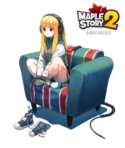 Anime picture 3480x4111 with maplestory maplestory 2 converse wades mika dicorndl single long hair tall image blush fringe highres simple background blonde hair white background sitting brown eyes signed looking away absurdres full body