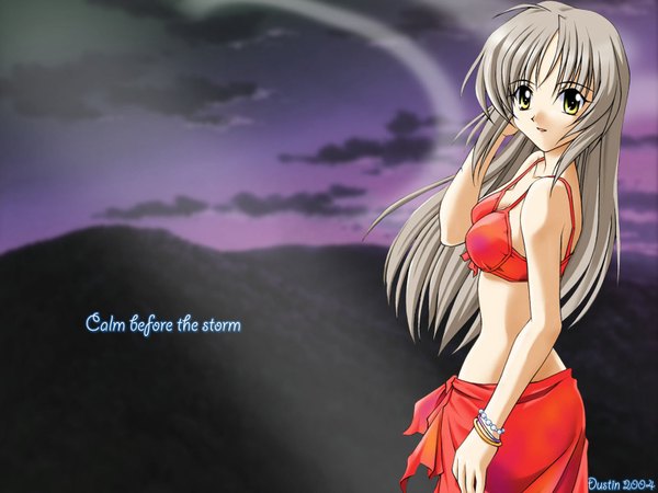 Anime picture 1600x1200 with memories off futami shion sasaki mutsumi dustin single long hair looking at viewer signed yellow eyes parted lips grey hair third-party edit girl swimsuit bracelet