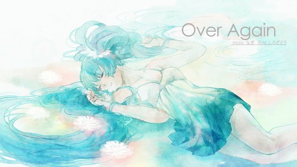 Anime picture 1494x840 with vocaloid hatsune miku shirozatou single long hair wide image twintails lying eyes closed very long hair aqua hair inscription copyright name girl sundress