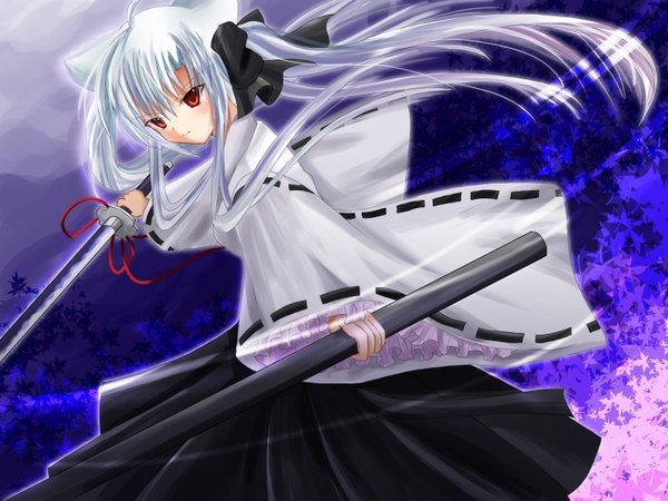 Anime picture 1500x1125 with eri kino single long hair red eyes twintails animal ears white hair japanese clothes cat girl girl ribbon (ribbons) weapon sword katana