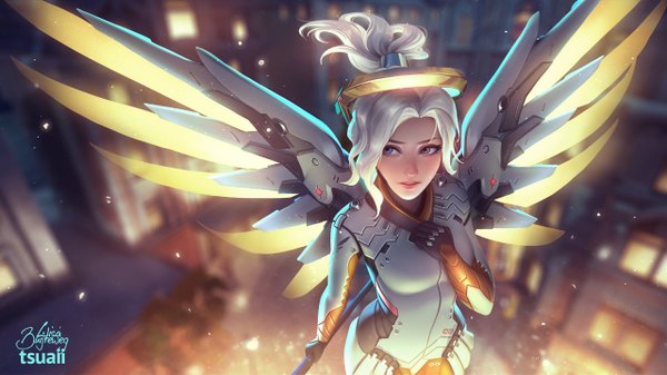 Anime picture 1280x720 with overwatch blizzard entertainment mercy (overwatch) tsuaii single short hair blue eyes blonde hair simple background wide image signed looking away upper body ponytail parted lips from above lips blurry realistic lipstick