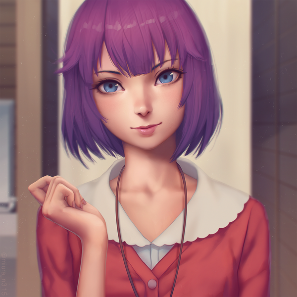 Anime picture 1128x1128 with bakemonogatari shaft (studio) monogatari (series) senjougahara hitagi miura-n315 single looking at viewer fringe short hair blue eyes purple hair fingernails lips realistic depth of field portrait girl