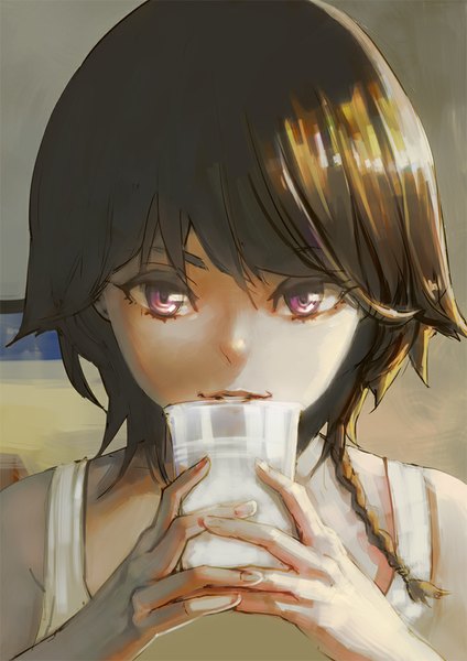 Anime picture 707x1000 with original aro (charged time out) single tall image looking at viewer short hair brown hair holding braid (braids) pink eyes single braid face drinking girl drink glass milk