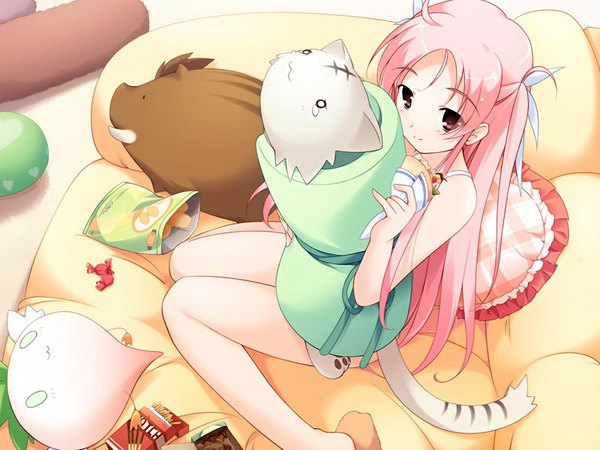 Anime picture 1024x768 with shirokuma bell stars hoshina nanami long hair brown eyes pink hair game cg loli girl animal cat