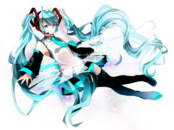 Anime picture 1581x1181 with vocaloid hatsune miku hibiya single looking at viewer simple background smile white background twintails bare shoulders very long hair aqua eyes aqua hair girl detached sleeves necktie headphones thigh boots