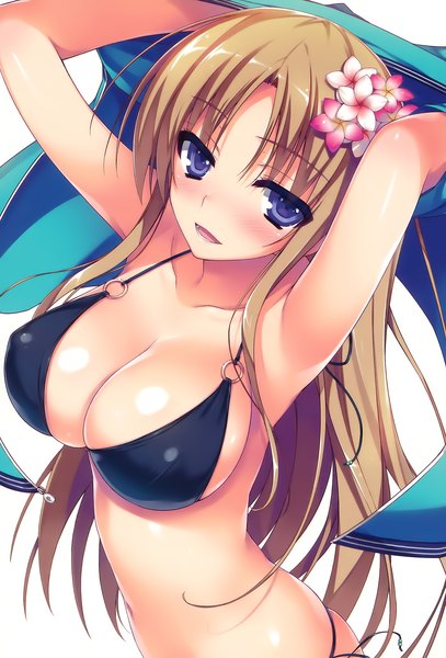 Anime picture 1356x2000 with original tomose shunsaku single long hair tall image looking at viewer blush fringe breasts open mouth light erotic smile brown hair purple eyes hair flower from above armpit (armpits) midriff girl navel