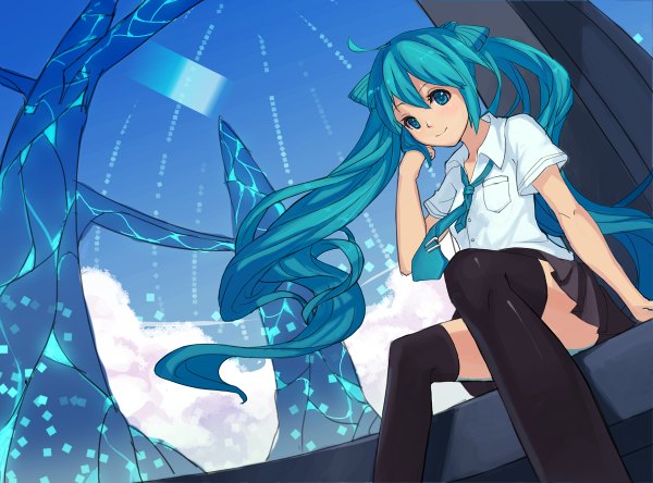 Anime picture 1200x888 with vocaloid hatsune miku tagme (artist) long hair sitting twintails cloud (clouds) aqua eyes aqua hair rock girl thighhighs skirt black thighhighs shirt necktie