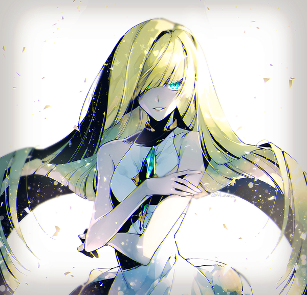 Anime picture 1000x961 with pokemon pokemon sm nintendo lusamine (pokemon) sueun single long hair looking at viewer fringe blonde hair simple background smile bare shoulders parted lips aqua eyes hair over one eye sleeveless gradient background floating hair alternate eye color